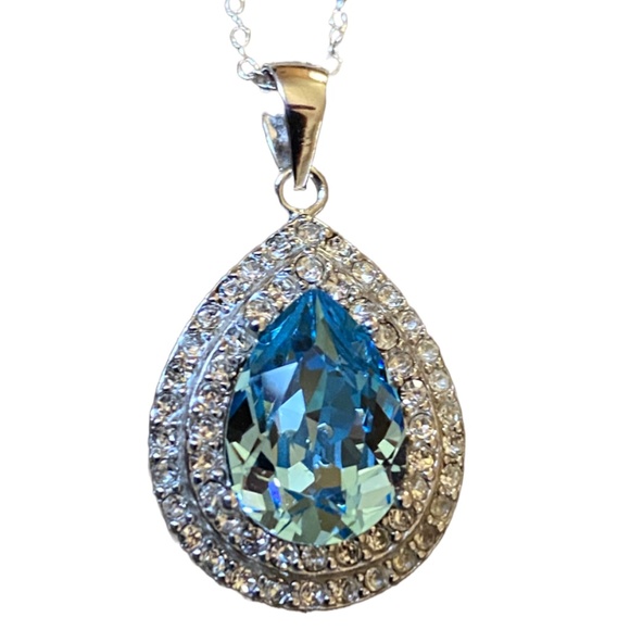 Sterling Silver Aquamarine Gemstone Necklace With Crystal Accents - Picture 2 of 8